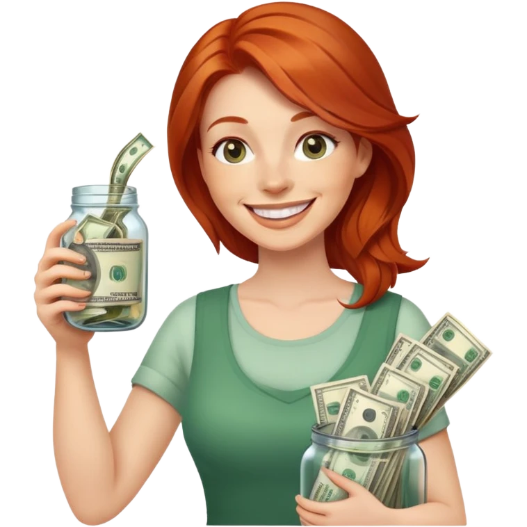 redhead woman with big smile holding glass jar with money bills inside emoji