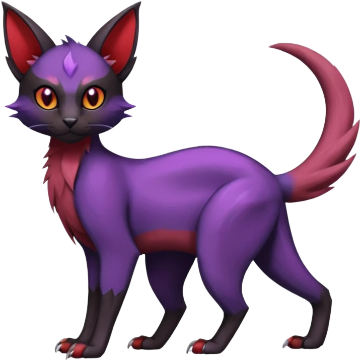 Black edgy Noivern-Noibat-Purloin-Torracat-Lykoi-Caracal-cat-Fakemon-fusion-hybrid-creature with violet and red scale markings emoji