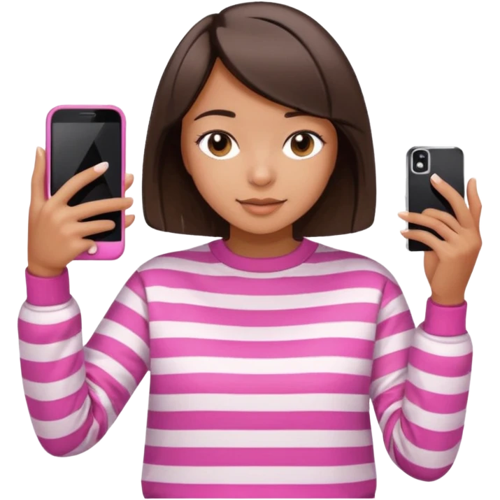 Emoji of a cute 3D girl with short dark brown bob hairstyle, wearing a pink and white striped sweatshirt. She is holding a phone and taking a selfie, white background.

 emoji
