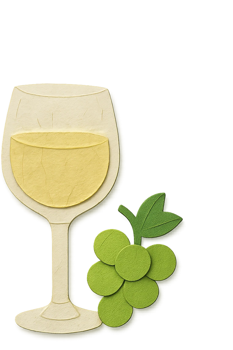 white wine icon, paper craft style, light yellow wine glass with light green grapes beside it, no background emoji