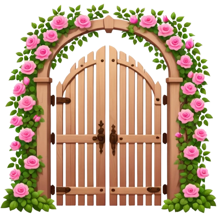 a garden's gate made of wood, with pink flowers all around it emoji