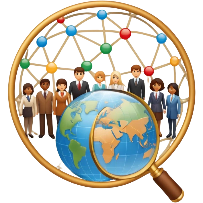 An icon featuring a group of people, a network diagram, and a magnifying glass, symbolizing sociology. The design includes a globe and interconnected lines, representing social structures and relationships. Transparent background highlights the study of societies and human behavior. emoji