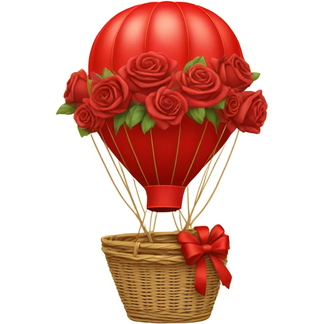 red hot air balloon and beige basket with roses emoji