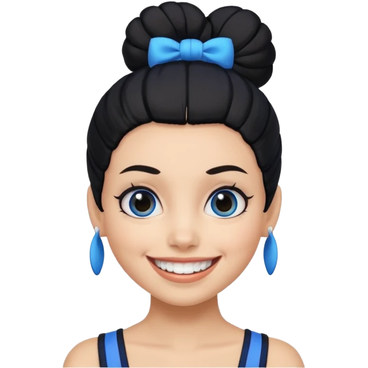 Now tied up her hair in a bun, the on her head is black, but blue bang on front. Bigger eyes and brighter smile, show teeth while smiling emoji