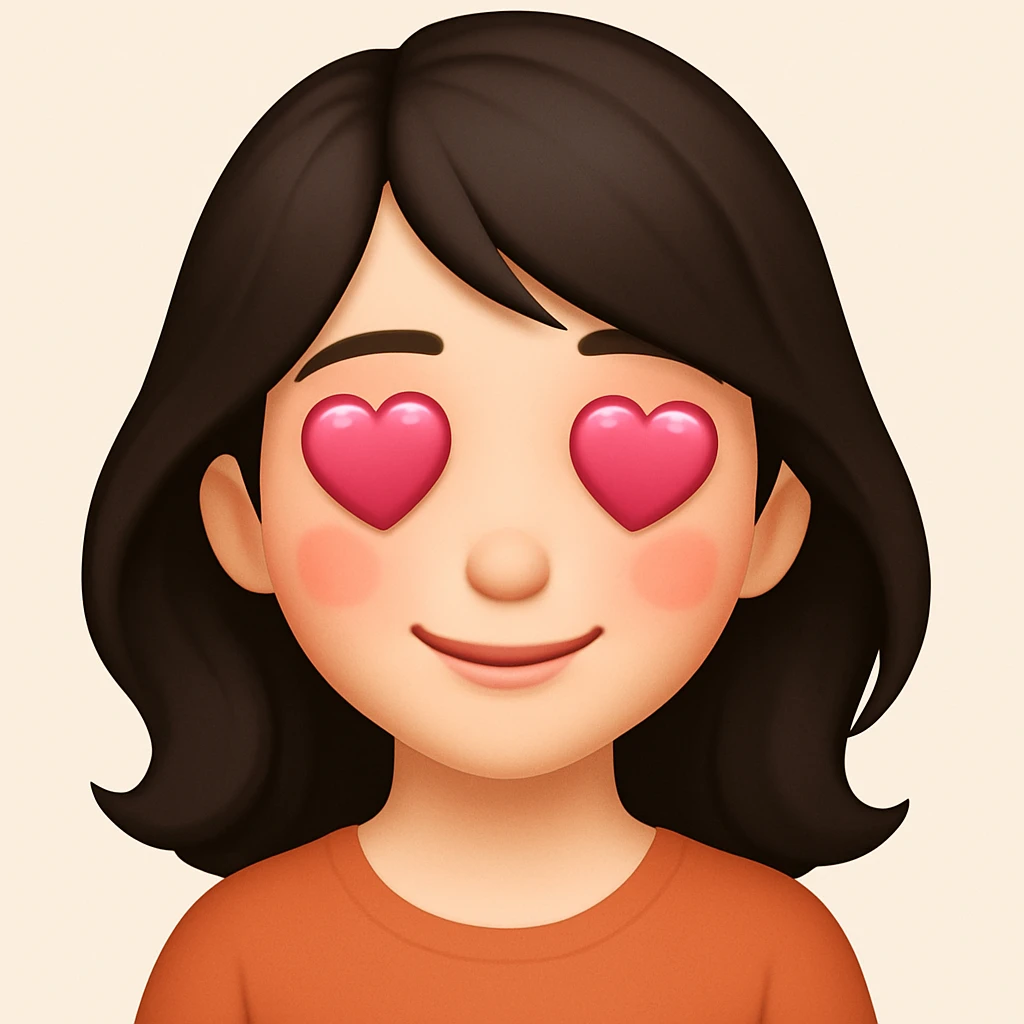 A girl with fair skin, dark hair, fair skin and pink blush. The illustration should be in emoji style. The girl should have a loving look and hearts in her eyes. emoji