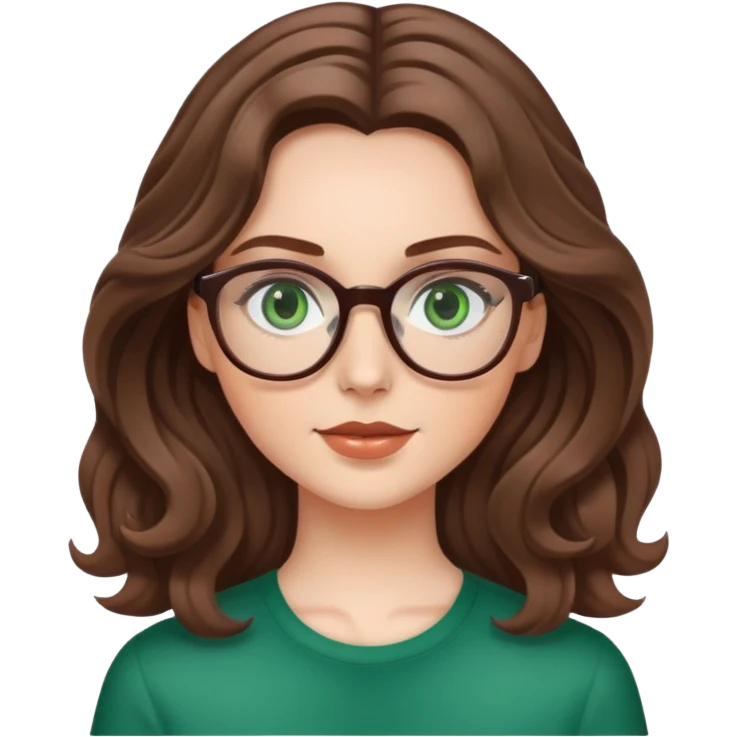 White girl with medium length brown wavy hair, glasses, and green eyes emoji