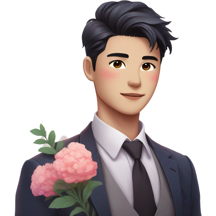 Gorgeous romantic anime style Asian formal modern gentlemanly guy with flowers and blushing face aesthetic trending style outside with colorful gradient colors emoji