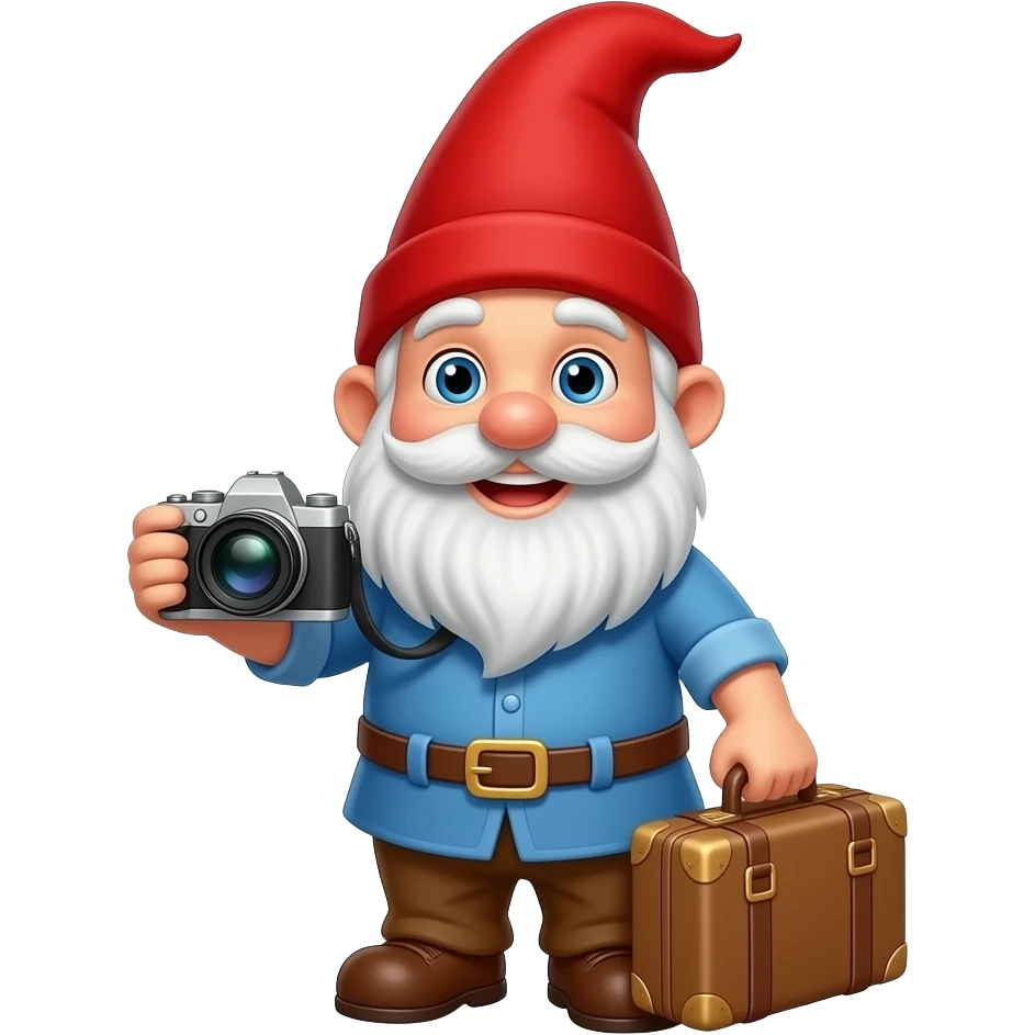 A smiling world traveling Gnome with a camera, carrying a suitcase, wearing brown pants has a white beard , blue eye, blue shirt and a red pointed hair emoji