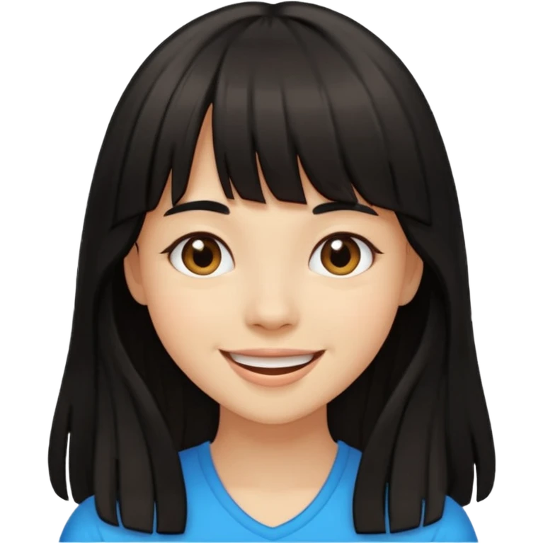 Pale brown girl with long black hair with bangs, happy emoji