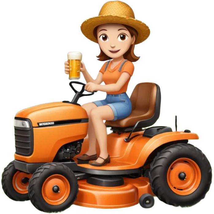 White woman with brown hair, without glasses wearing a straw hat, on old orange ride on lawn mower, holding a beer with one hand and holding the steering wheel with the other hand. Woman is smiling. Lawn mower has “Westwood” written on the engine cover emoji