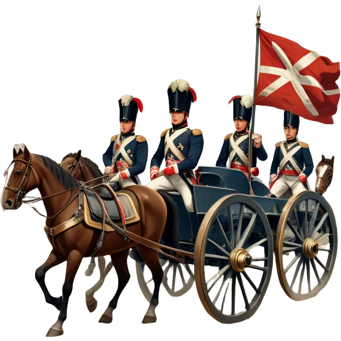 A vintage movie poster-style design depicting a dramatic Napoleonic War scene. Include soldiers in period uniforms, cannons, and a battlefield with flags and horses. The background should evoke a sense of battle and history, with old-fashioned cinematic flair. Transparent background. emoji