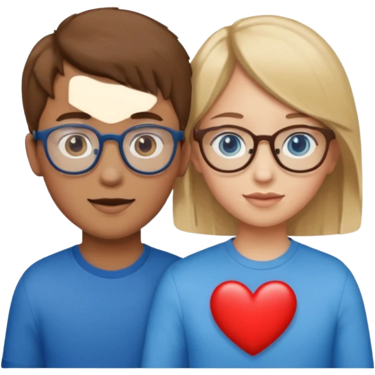 two young lovers, a red heart in the middle, boy with brown hair and glasses, girl blonde with blue eyes without glasses, emoji style emoji