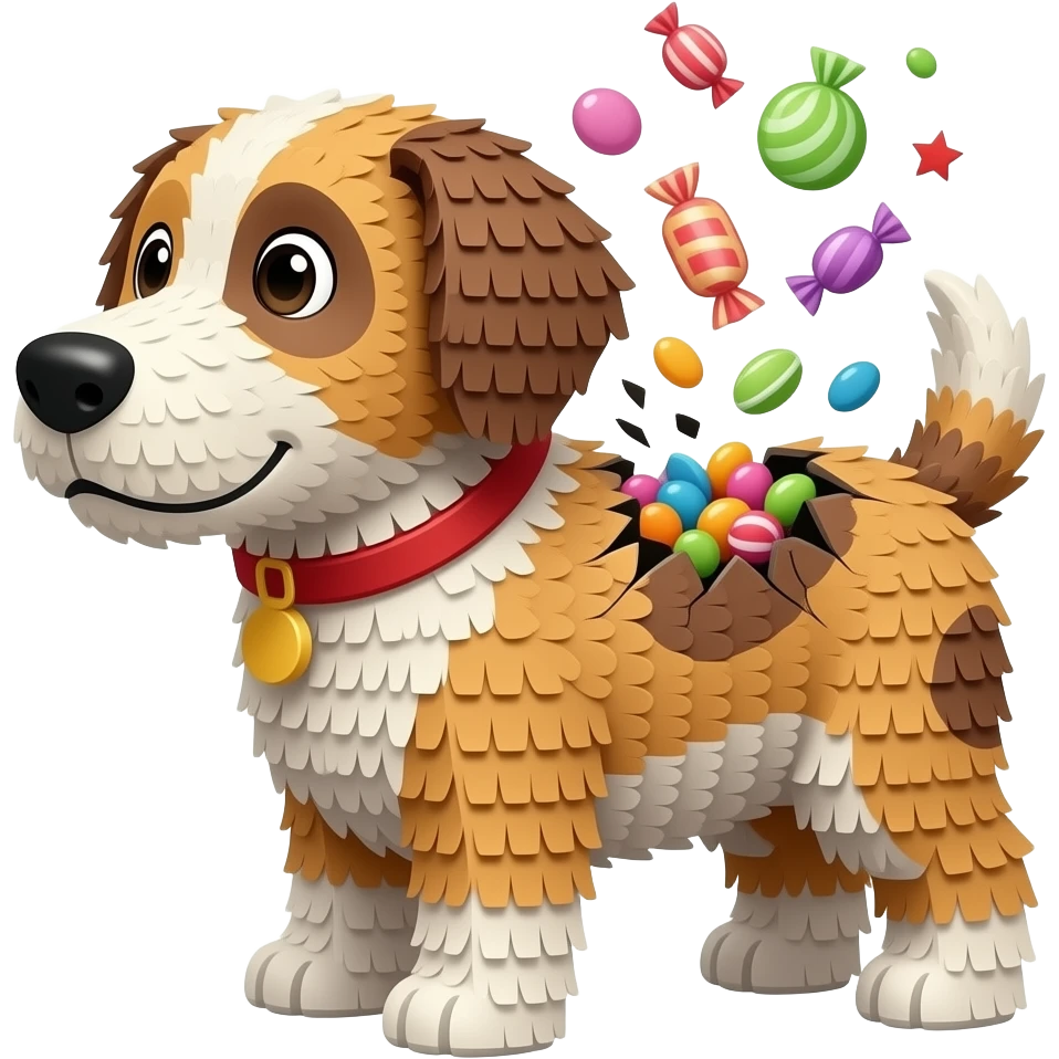 Dog shaped pinata cracked  open with candies emoji