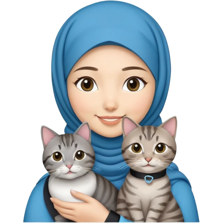 Asian White girl wearing hijab holding a black grey tabby cat while smiling. The cat is wearing a blue collar emoji