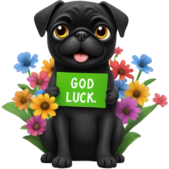 Black pug , surrounded by flowers, holding a green sign that says “good luck”  emoji