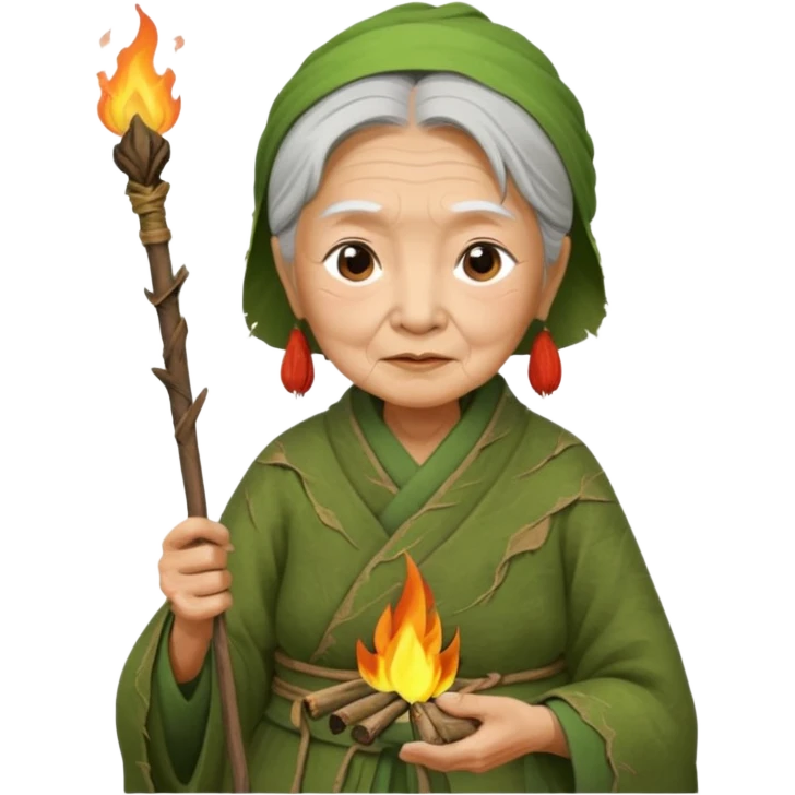 ancient asian old woman, tattered leaf green cloth, hold fire stick emoji