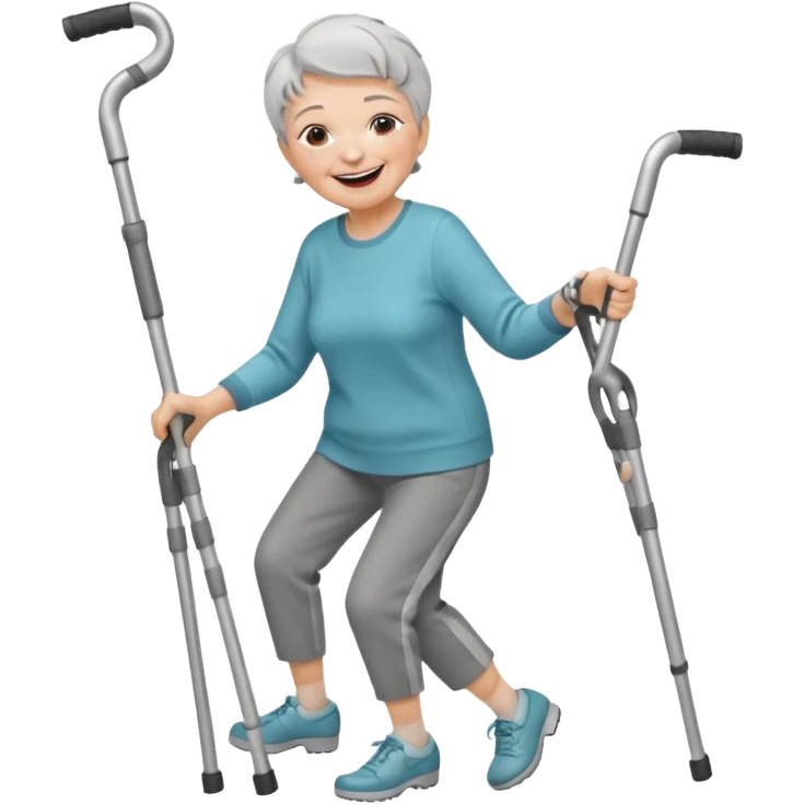 elderly woman with pants, short grey hair, laughing and dancing th crutches emoji