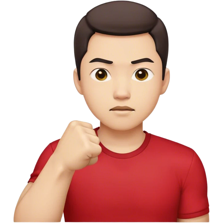 A determined Korean man in a red shirt, clenching his fist with a confident expression. Emoji-style digital illustration emoji