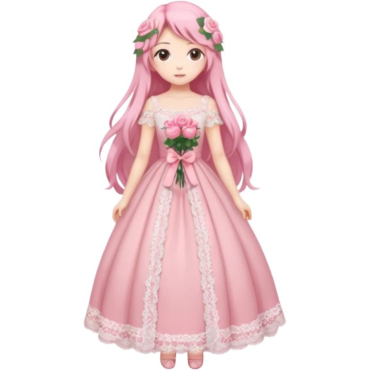 pastel anime woman with pink and white lace dress full body and long hair with roses emoji