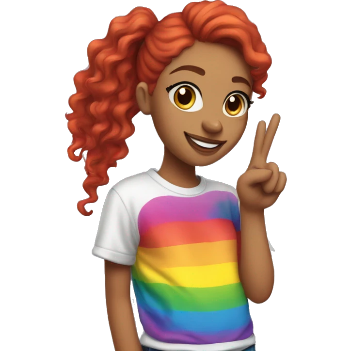 "A young woman with lengthy red curls in a ponytail, wearing a rainbow cat shirt, poses with a peace sign." emoji