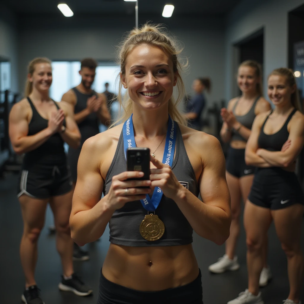 hyperrealistic 4K image of a woman taking a selfie in front of a gym mirror, showing fitness progress with a medal around her neck, friends applauding in the background, motivational writing on the mirror, toned muscles, proud smile emoji