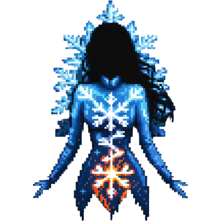 a woman with a warm glow or flames inside her silhouette, surrounded by a chilly blue aura or snowflakes, representing menopause hot inside cold outside emoji