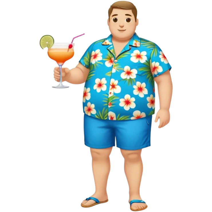 chubby guy full figure in a flowered azure havai shirt, brown shorts and flippers holding a cocktail emoji