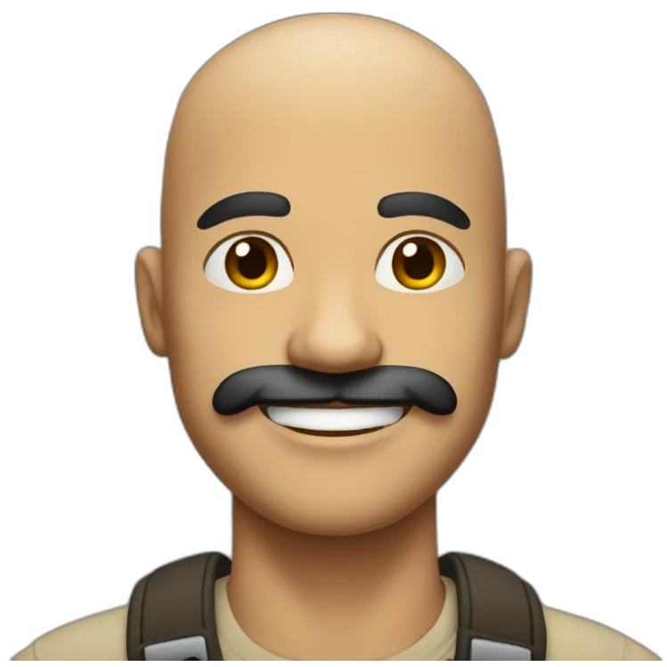 Bald man with big black mustache and tan skin and a big smile and emoji