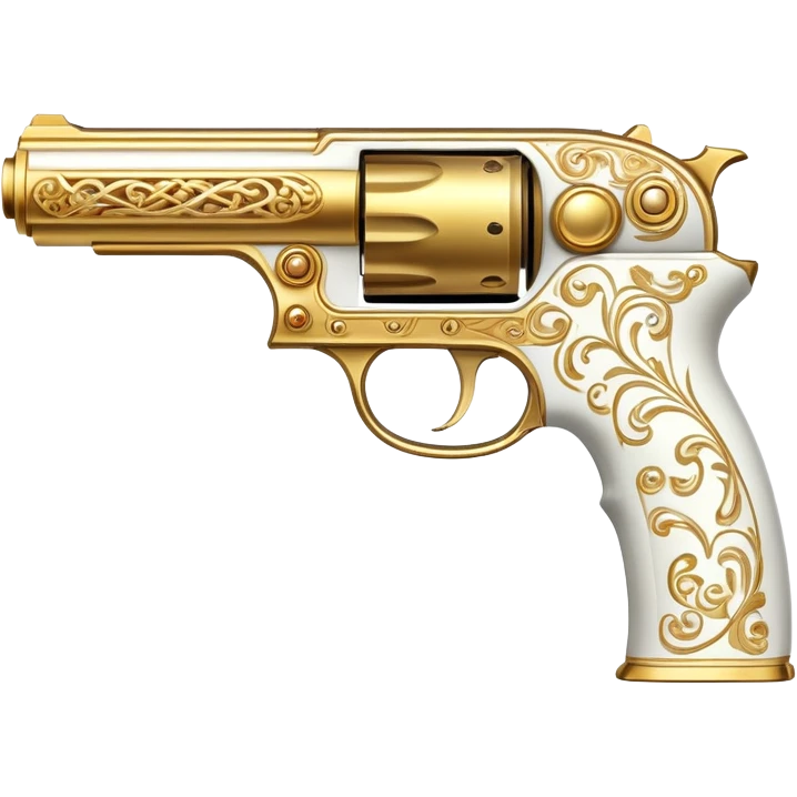 an artistic handcannon gun, short but deadly, all white with golden decoration, unique shape emoji