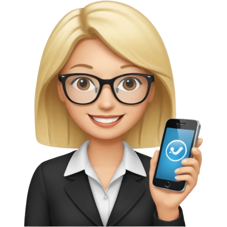 Blonde marketing agent with phone and glasses emoji