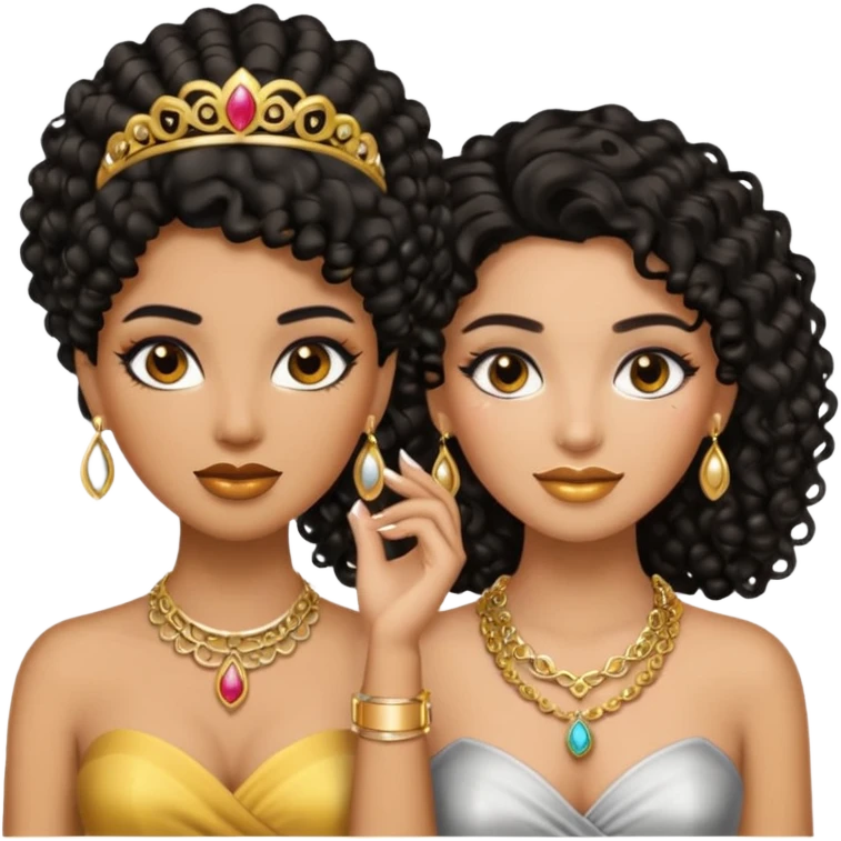 An emoji with two women, one woman with caramel skin color, black curly hair long. The other one is fair skin with brown straight hair and they're wearing jewelry and makeup. emoji