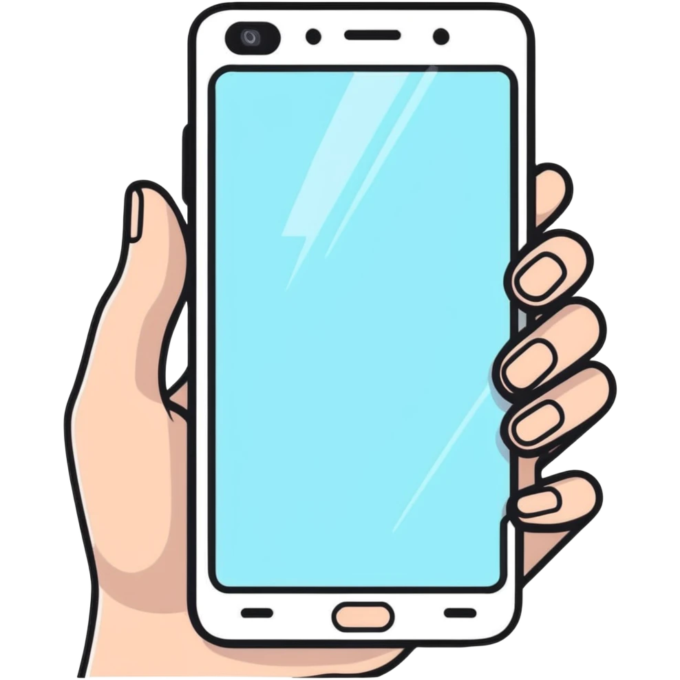 human hands holding a futuristic transparent smartphone emoji