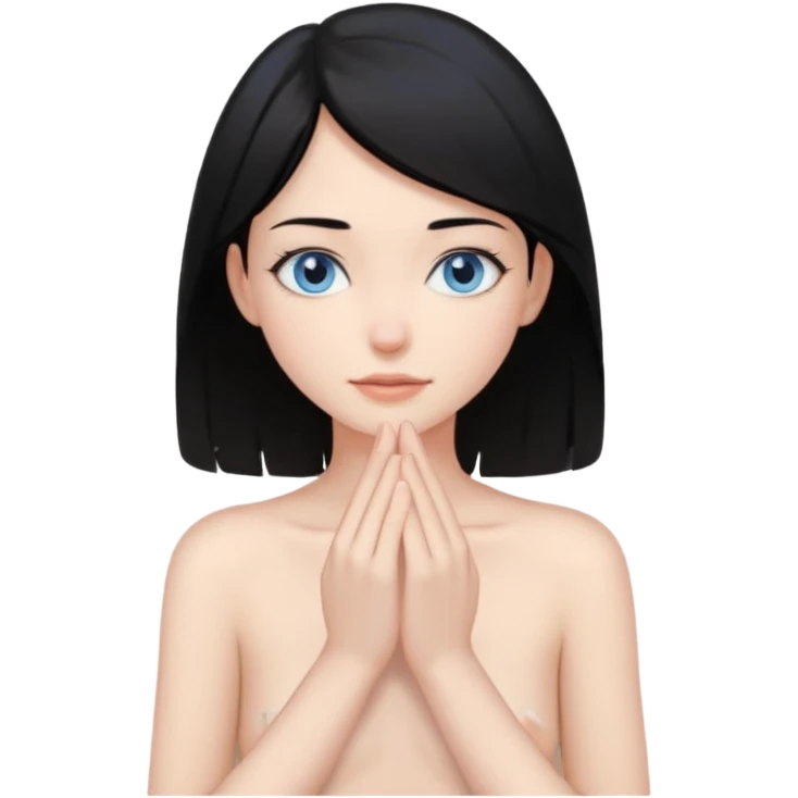 Girl with black hair thats about shoulder lenght with blue eyes covering nude neck with two hands emoji