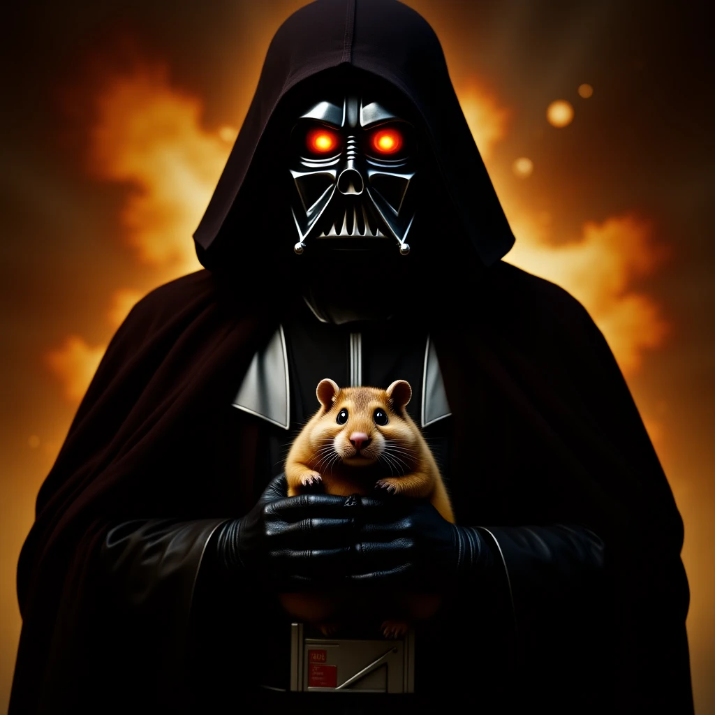 Cinematic still, Extreme Closeup Photo of a darth vader holding big hamster, low key light, explosion startship background with leading lines, back light, spot light emoji