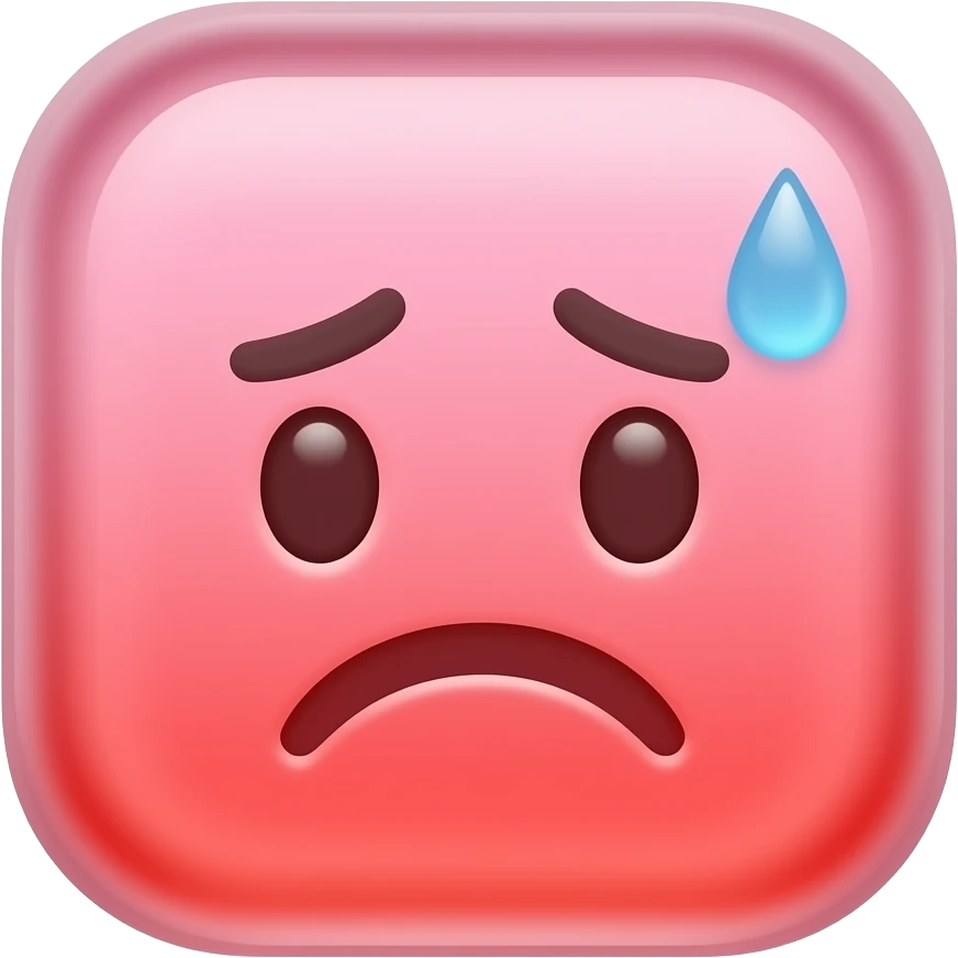 Glassmorphic frosted glass icon, rose pink and crimson (#E11D48) color scheme, soft glow, transparent background, minimal 3D design, clean edges, app icon style, stressed anxious face with sweat drop on forehead, tense worried expression emoji