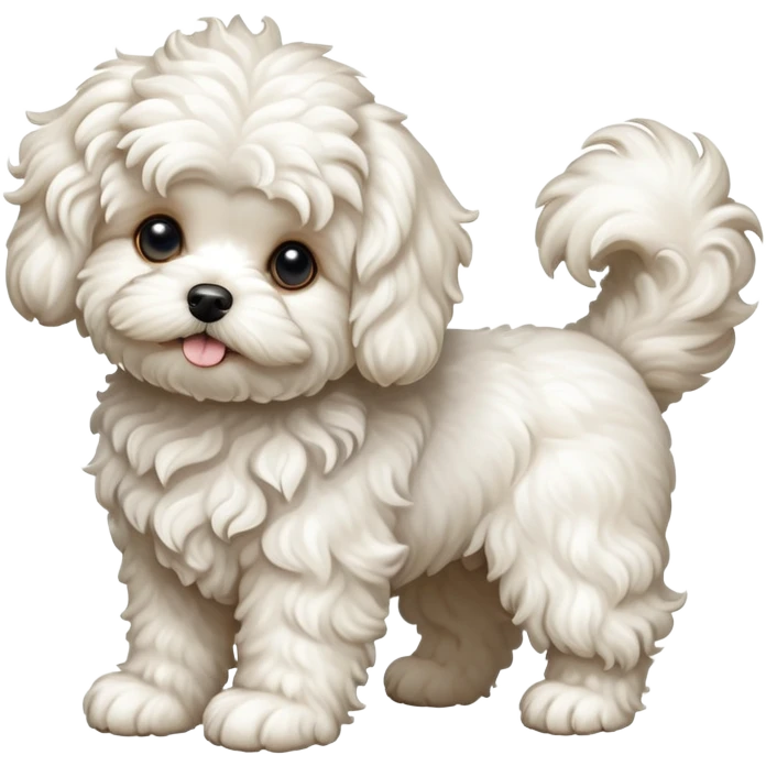 detailed-[curly haired maltese-dog]-realistic-full-body-sitting-emoji,-tail-resting-loosely-beside-its-paws,-head-tilted-dramatically,--wavy-[cream-white]-fur,-simplified-yet-realistic-focused-features,-highly-detailed,-glowing-with-an-almost-sarcastic emoji