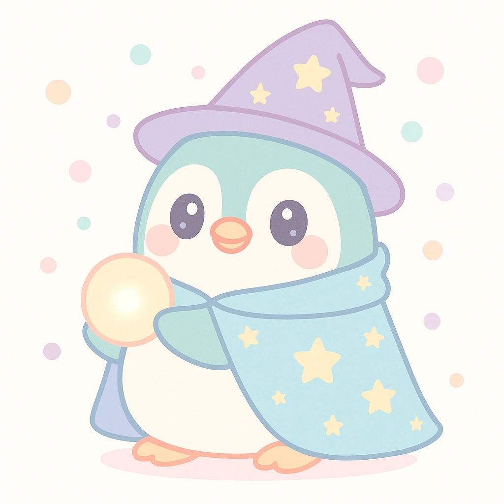 chubby penguin wizard with starry cloak and glowing orb, soft rounded illustration style emoji