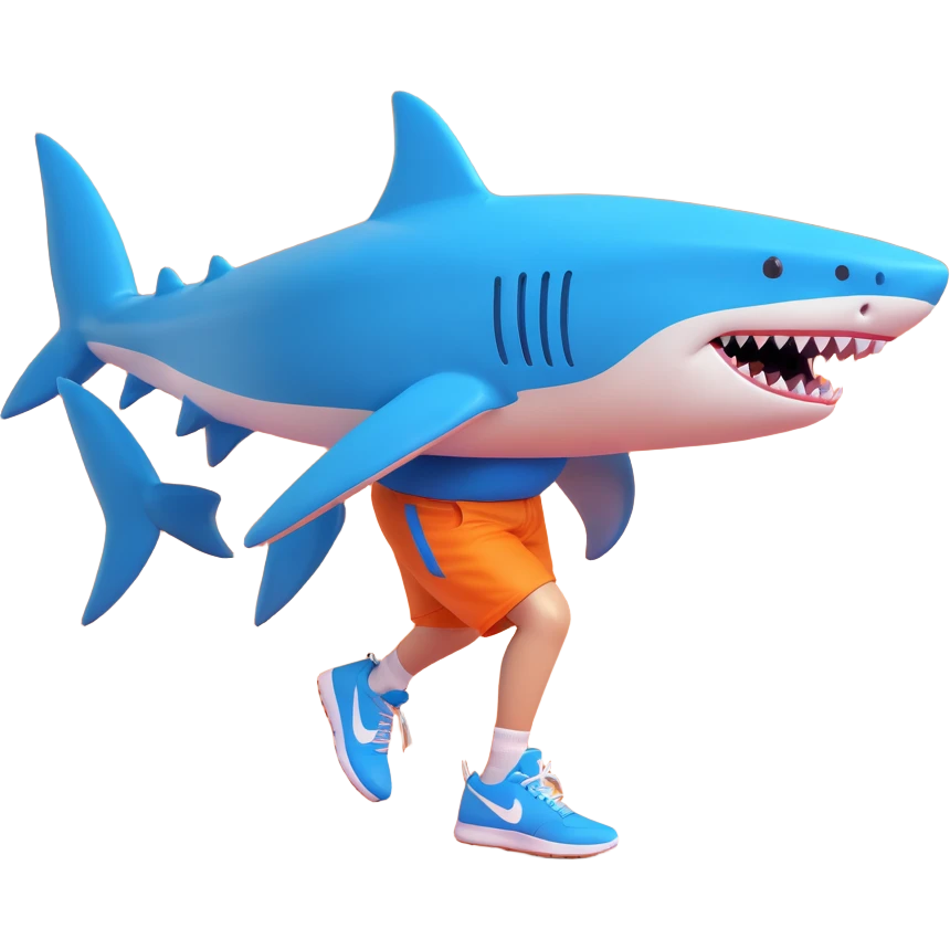 realistic shark with human legs wearing blue Nike sneakers, 3D style emoji