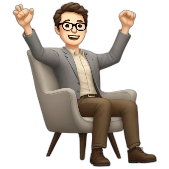 Joyful Celebrating victory Hands up Pale skinned Fit Man With dark brown hair in gray jacket, beige office shirt, Brown pants and vintage glasses sitting In a soft chair emoji