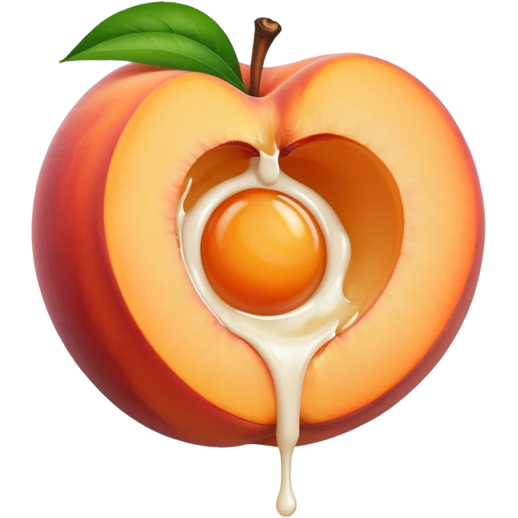 big hole in the middle of a peach. milk is leaking out of the hole emoji