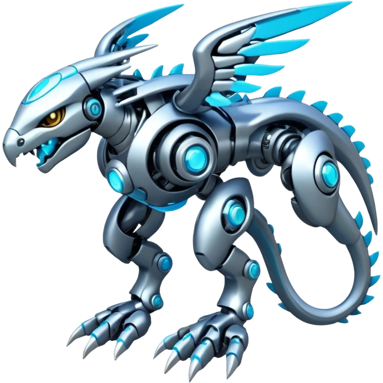 Futuristic mechanical cyborg modern badass cool shiny metallic alloy  white with glowing cyan-blue animal Digimon Fakémon hybrid full body with intricate patterns emoji