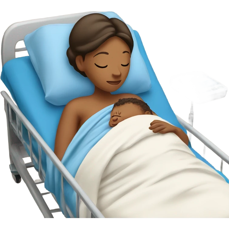 A pregnant woman resting on a hospital bed, holding her newborn baby wrapped snugly in a blue swaddle blanket.






 emoji