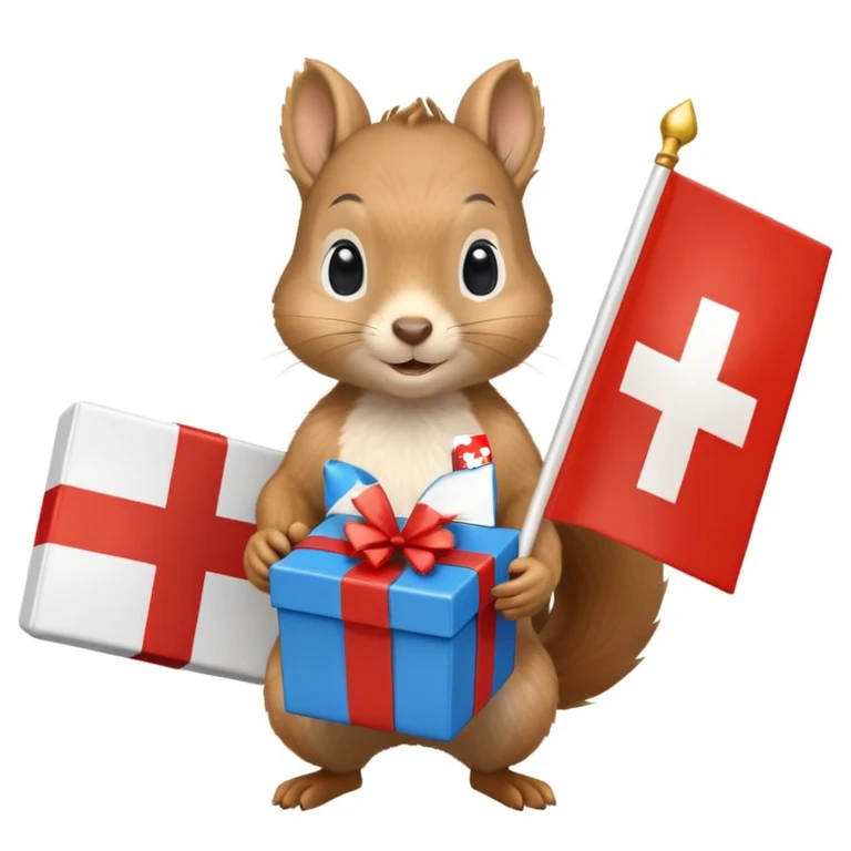 a squirrel holding a blue gift box in one hand and a Swiss flag in the other, both objects clearly visible, simple white background emoji