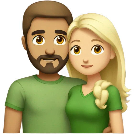 A bearded Armenian man in a green T-shirt stands and hugs a blonde girl with brown eyes in a brown dress emoji