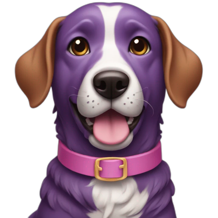a purple dog with a brown nose and a pink collar with a bone eat cake emoji