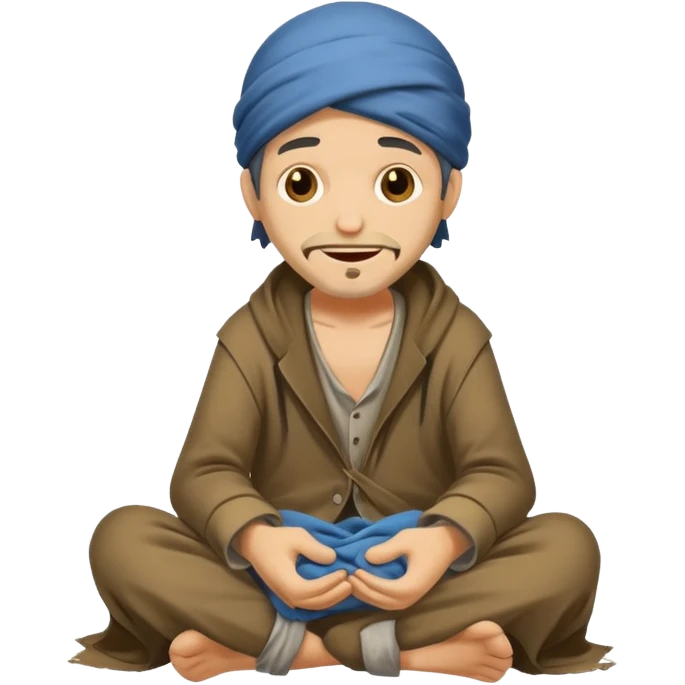beggar who is also a homeless person poor with damaged clothing but happy face emoji