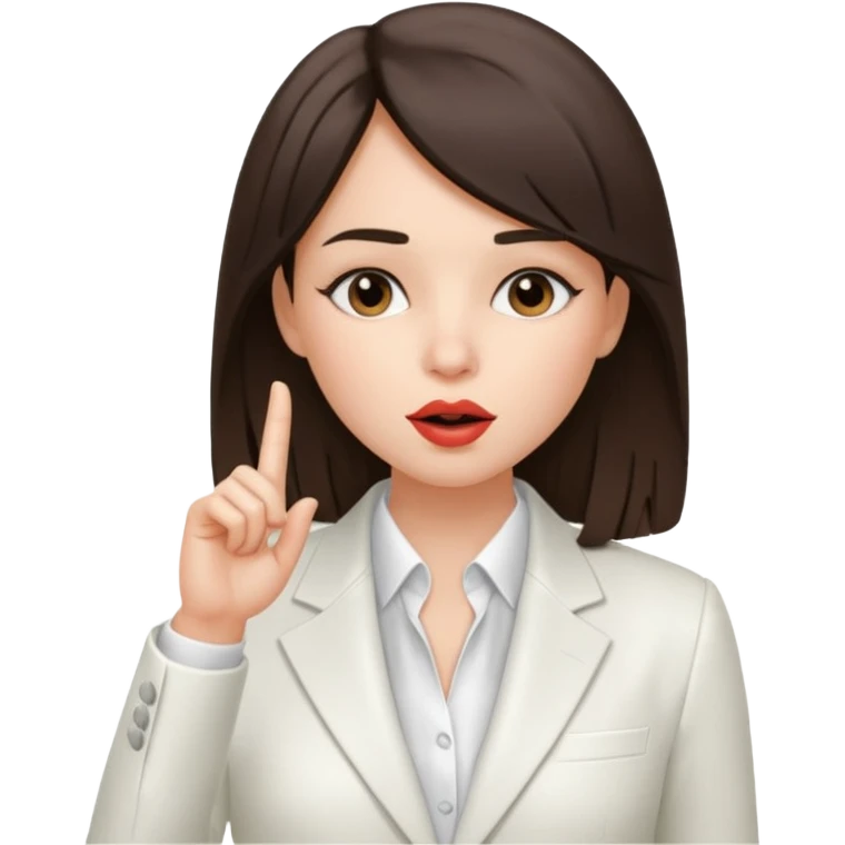 brunette girl wearing a white suit, with straight hair, making a "be quiet" gesture emoji