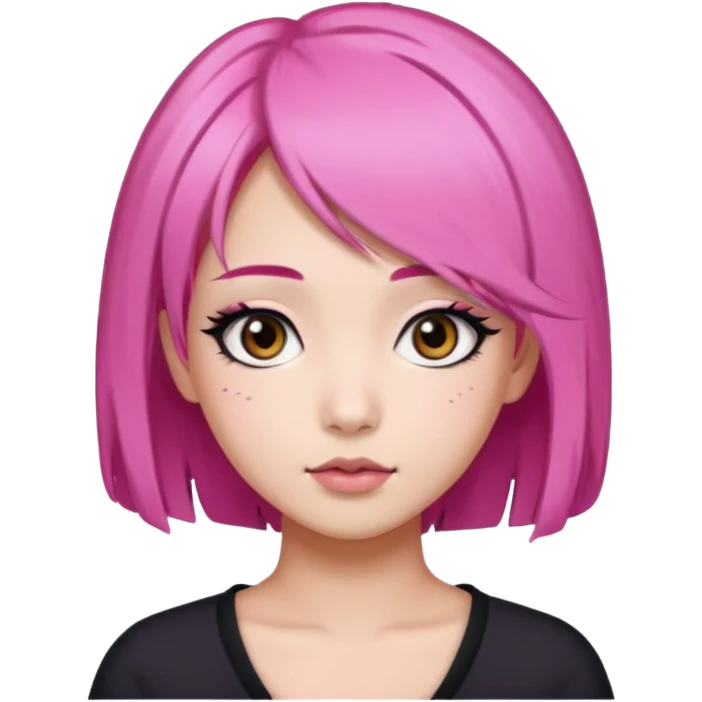 An Asian girl with pink hair, big eyes, thick eyebrows, and long eyelashes;  emoji