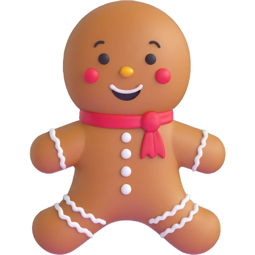 smiling pink gingerbread man with white icing details emoji