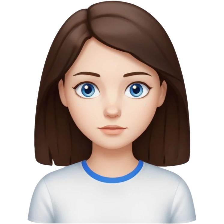 Create an emoji of a white Girl with brunette hair blue eyes faint freckles and hair to her shoulders wearing a white shirt emoji